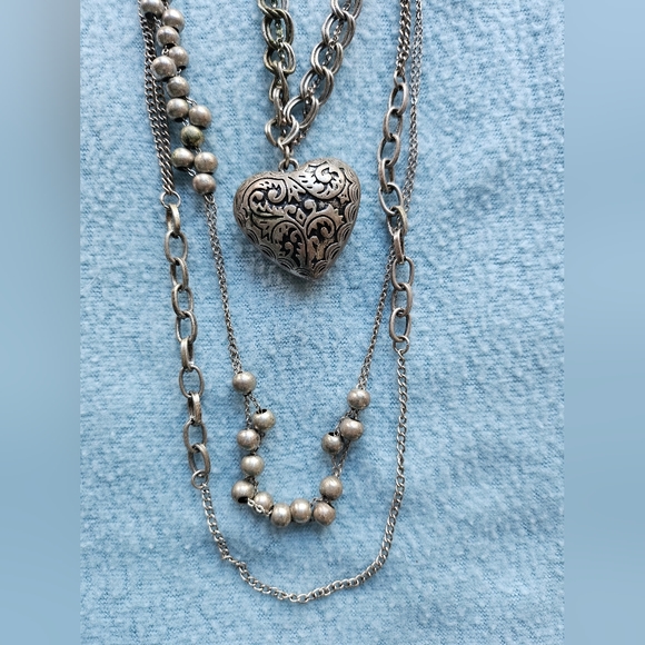 Signed Cookie Lee Detachable Heart Multistrand Necklace, Matte Silver, NWOT - Picture 1 of 14